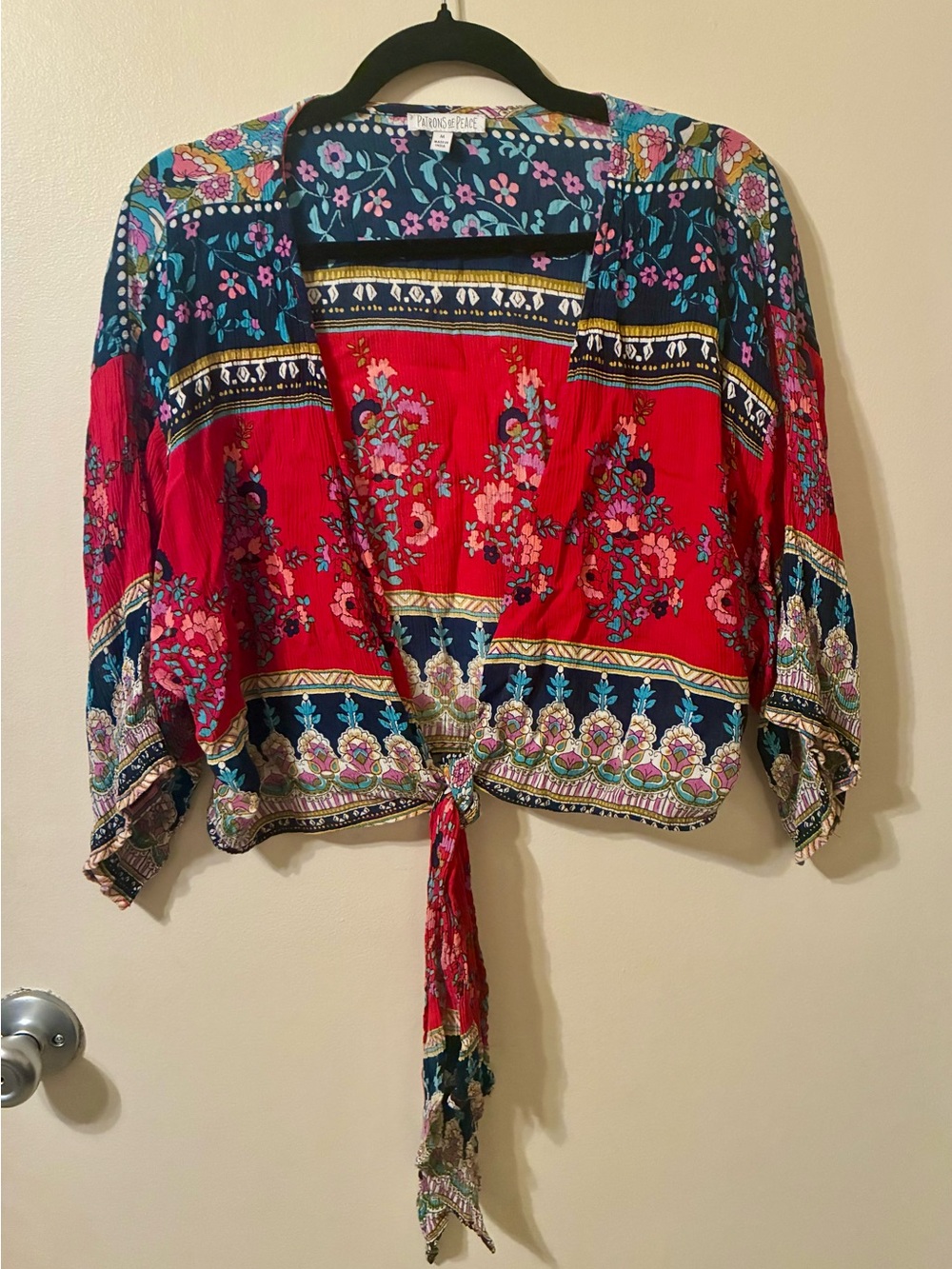 Patrons of Peace Red Floral Open Tie-Front Crop Blouse Top Gypsy Kimono Boho M